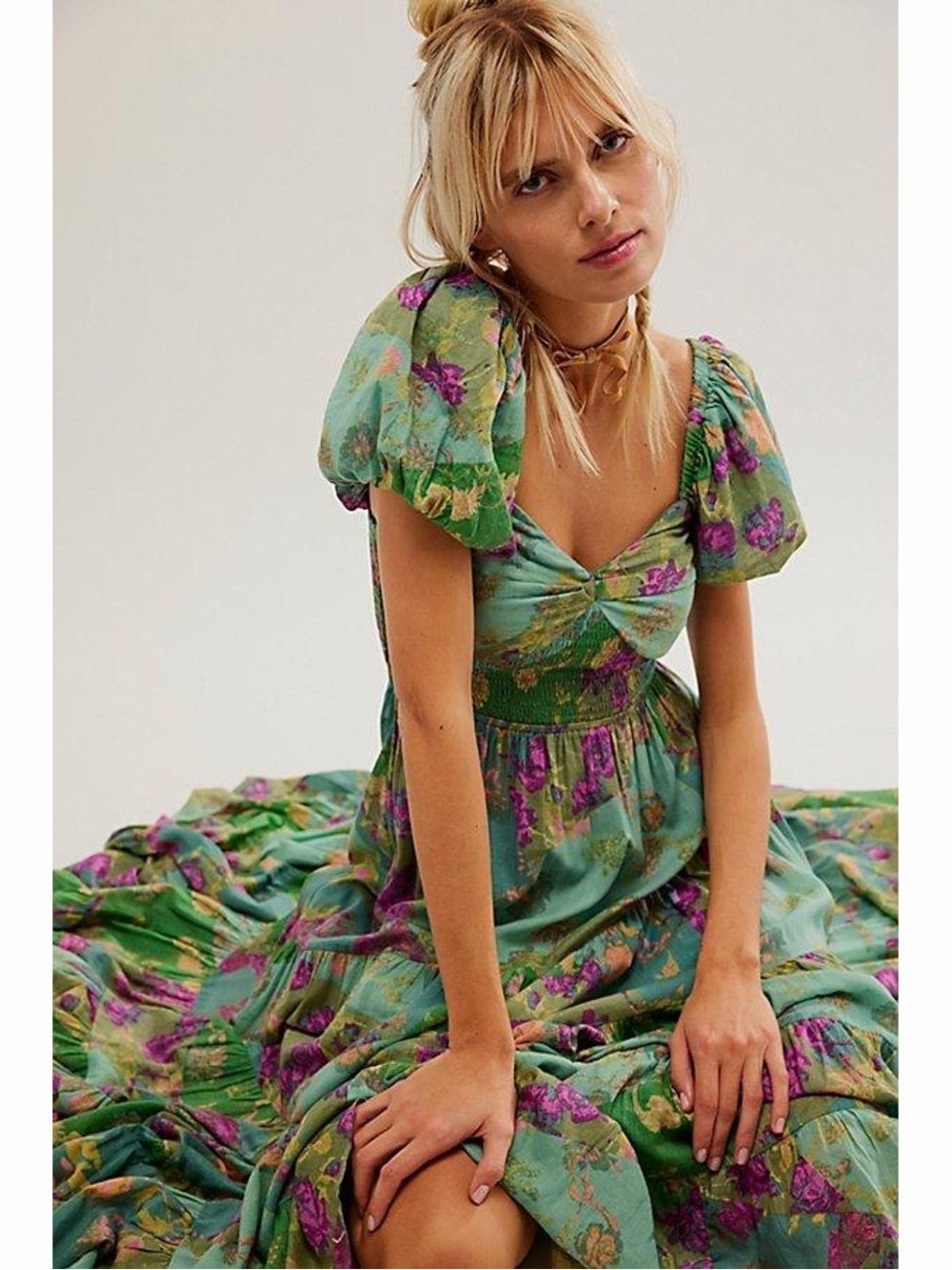 Green Purple Floral Sundrenched Short-sleeve Puff Sleeve Maxi Dress Forest